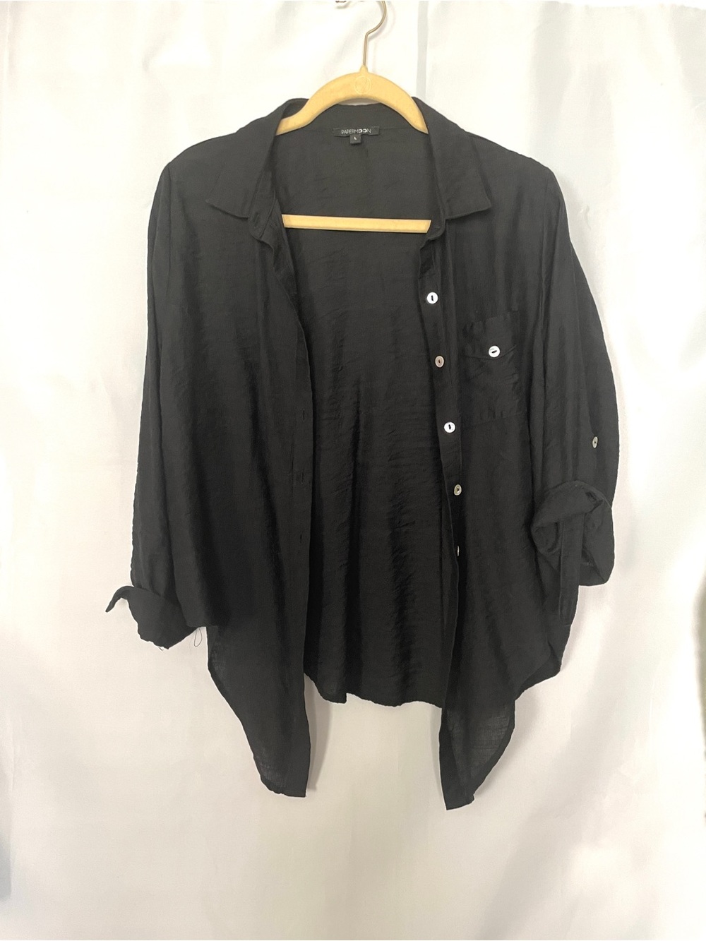 Papermoon L Lightweight Black Button-Down Shirt tie front blouse
